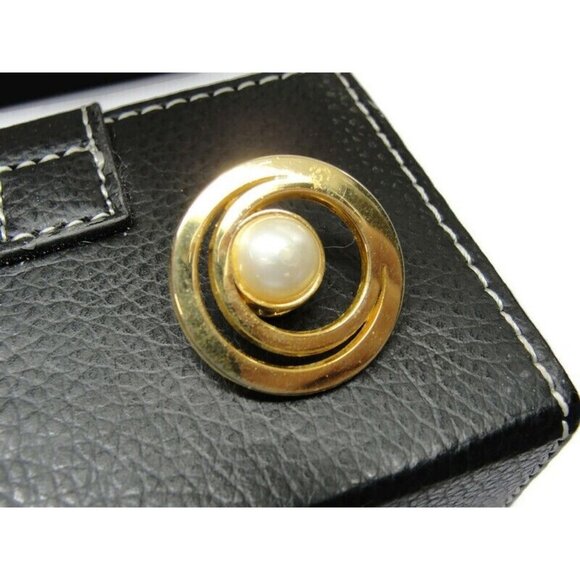 Vintage Brooch Costume Jewelry Double Ring Large Imitation Pearl Gold Tone - Picture 2 of 10